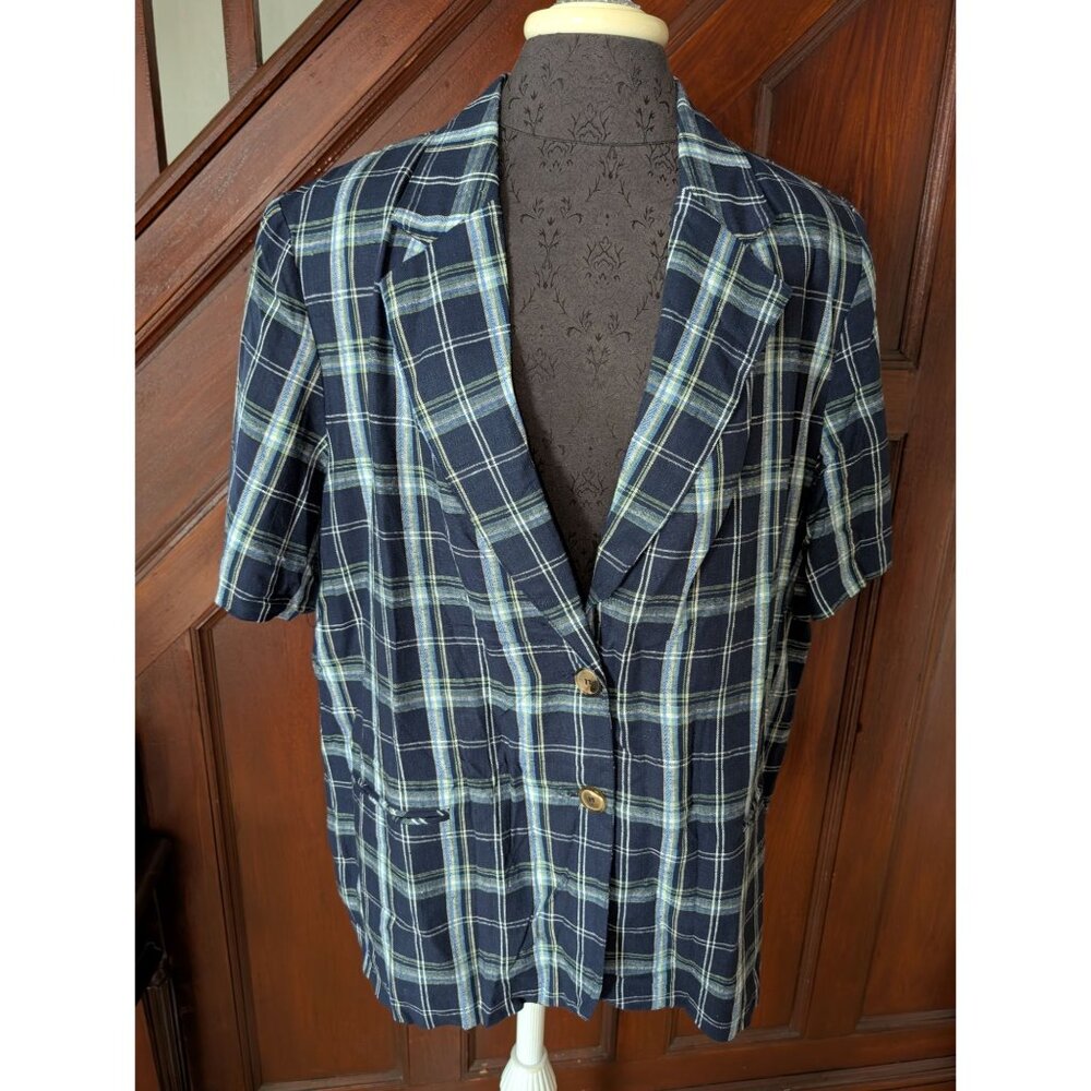 Requirements Plaid Womens Short-Sleeve Blazer Size 20W Blue White